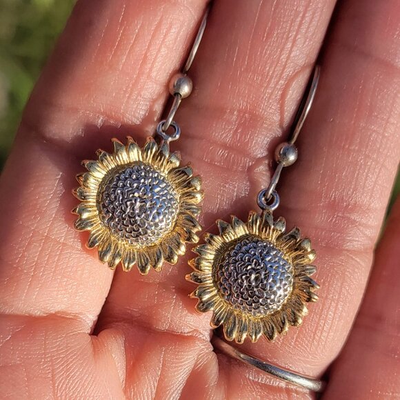 Sterling silver 925 gold boho hippie flower child sunflower earrings - Picture 8 of 13